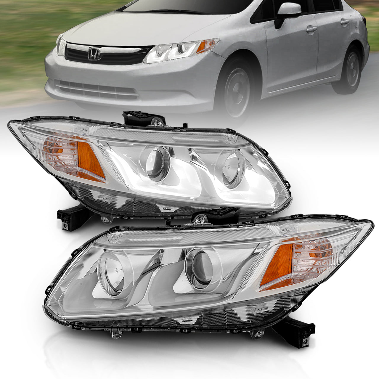 HONDA CIVIC 12-13 2/4DR PROJECTOR U-BAR STYLE HEADLIGHTS CHROME CLEAR AMBER