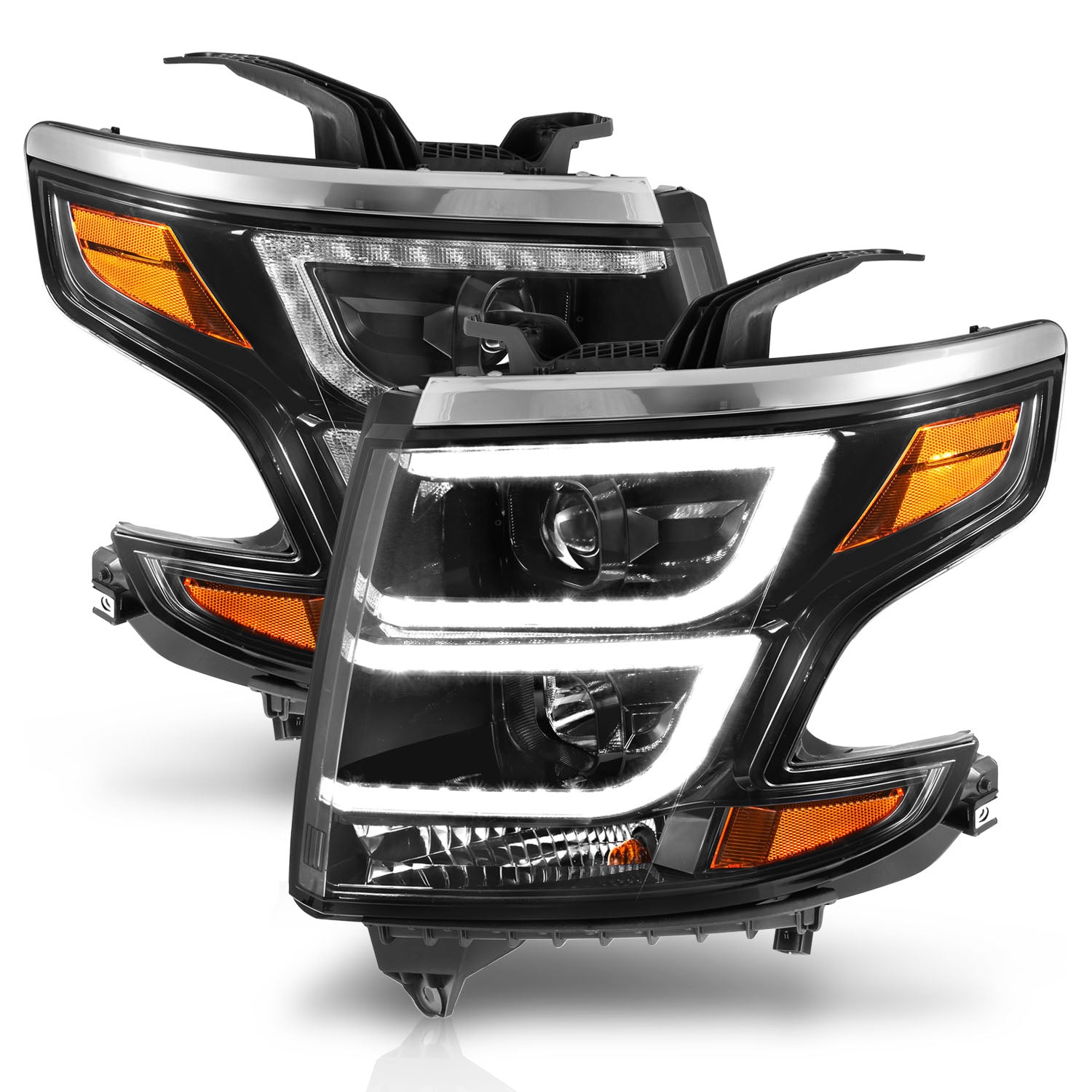 CHEVY TAHOE/SUBURBAN 15-19 PROJECTOR LIGHT BAR STYLE HEADLIGHTS BLACK AMBER (W/ DRL)