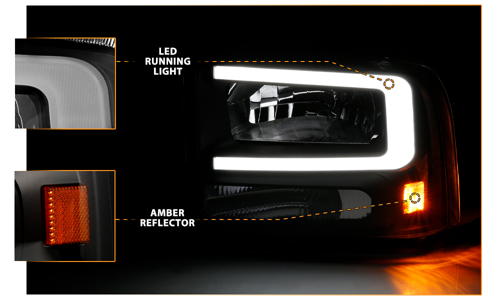 FORD EXCURSION 00-04/SUPER DUTY 99-04  HEADLIGHTS BLACK AMBER (W/ C LIGHT BAR)
