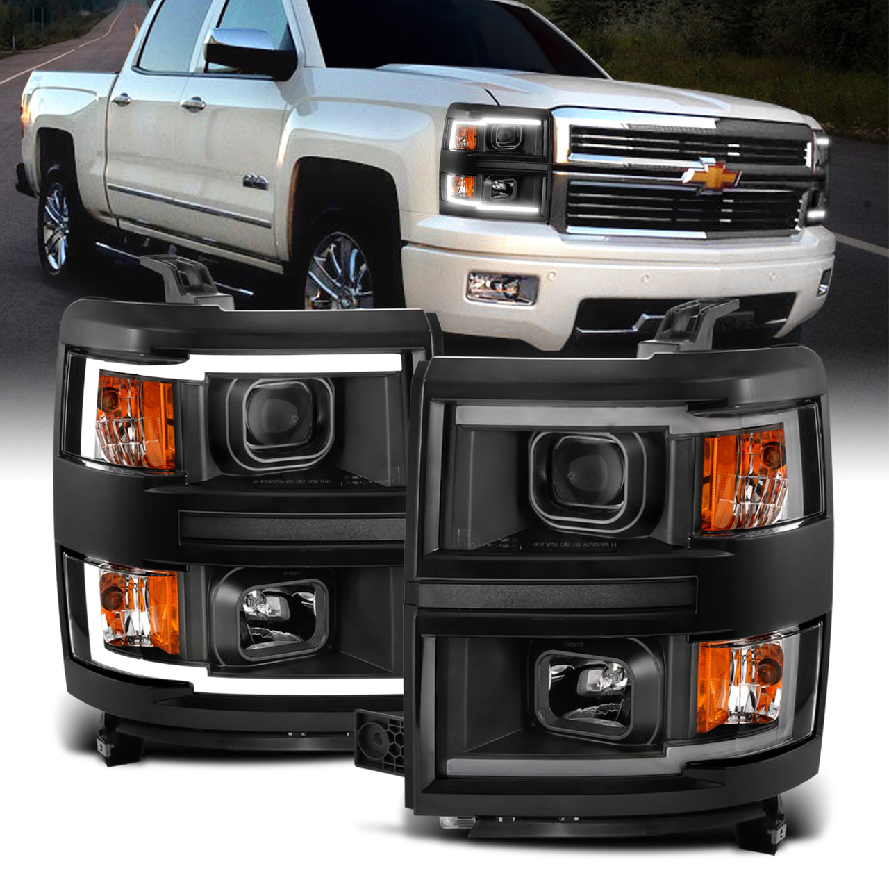 CHEVY SILVERADO 14 PROJECTOR LIGHT BAR STYLE HEADLIGHTS BLACK AMBER