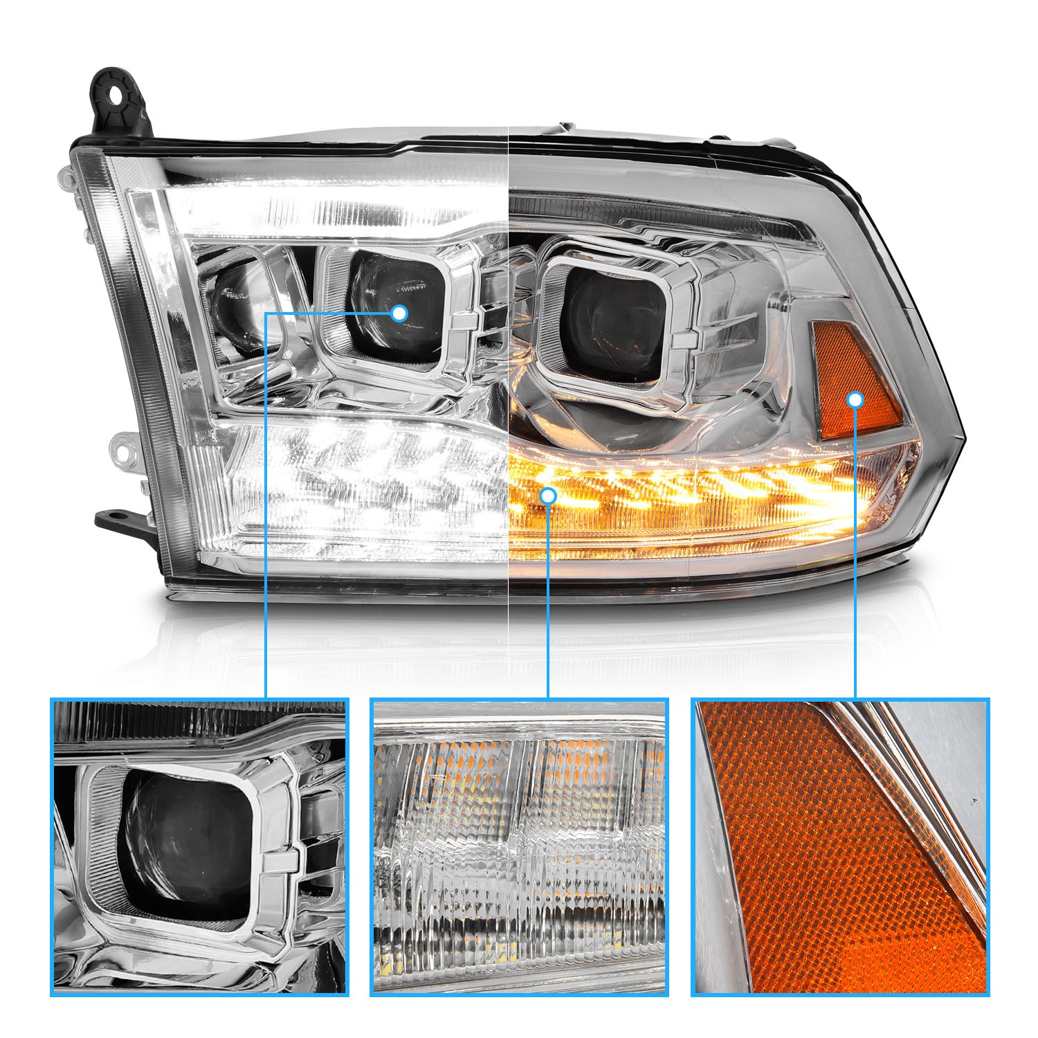 DODGE RAM R1500 09-18/10-12 R2500/R3500 (CODE LMA) (W/O QUAD LAMP) DG RAM SPORT 13-18 PROJECTOR SWITCHBACK HEADLIGHTS CHROME AMBER