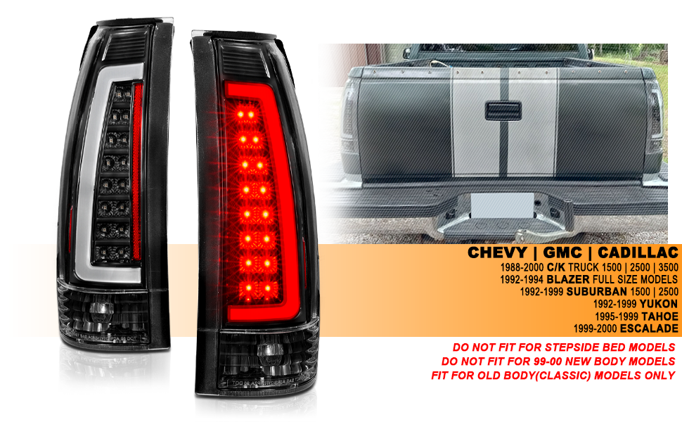 Chevy/GMC C/K 1500/2500/3500 88-99, SUBURBAN/YUKON 92-00, TAHOE 94-00, BLAZER 92-94, CADILLAC ESCALADE 99-00 LED C-BAR TAIL LIGHTS BLACK HOUSING CLEAR LENS