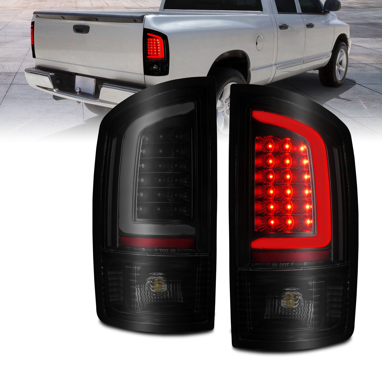 DODGE RAM 1500 02-05 / 2500/3500 02-06 LED TAIL LIGHTS BLACK HOUSING SMOKE LENS W/ C LIGHT BAR