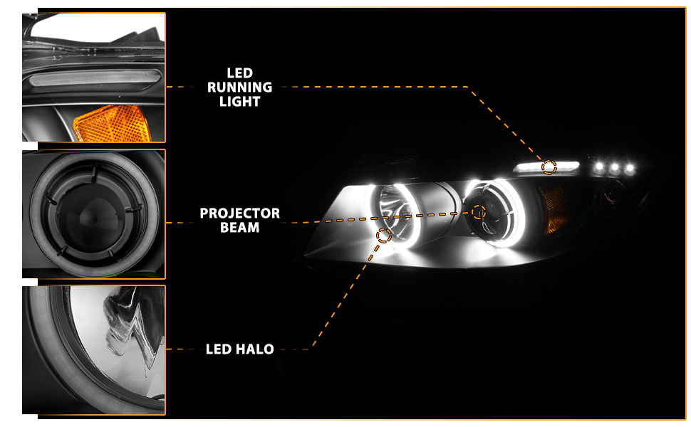 BMW 3 SERIES E90/E91 06-08 4DR/WAGON PROJECTOR HEADLIGHTS HALO W/ LED BAR BLACK CLEAR AMBER (RX HALO)