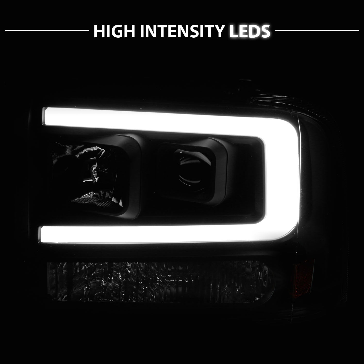 FORD F-250/350/450/550 SUPERDUTY 05-07/EXCURSION 2005 PROJECTOR HEADLIGHTS BLACK AMBER (W/ C LIGHTS BAR)