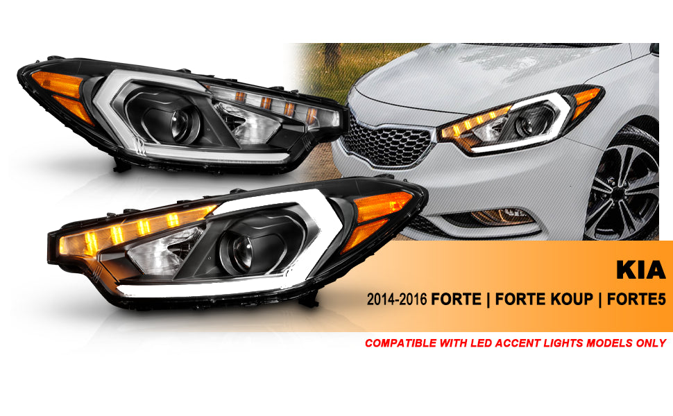 KIA FORTE 14-16 LED PLANK STYLE HEADLIGHTS BLACK (W/ FACTORY LED DRL)