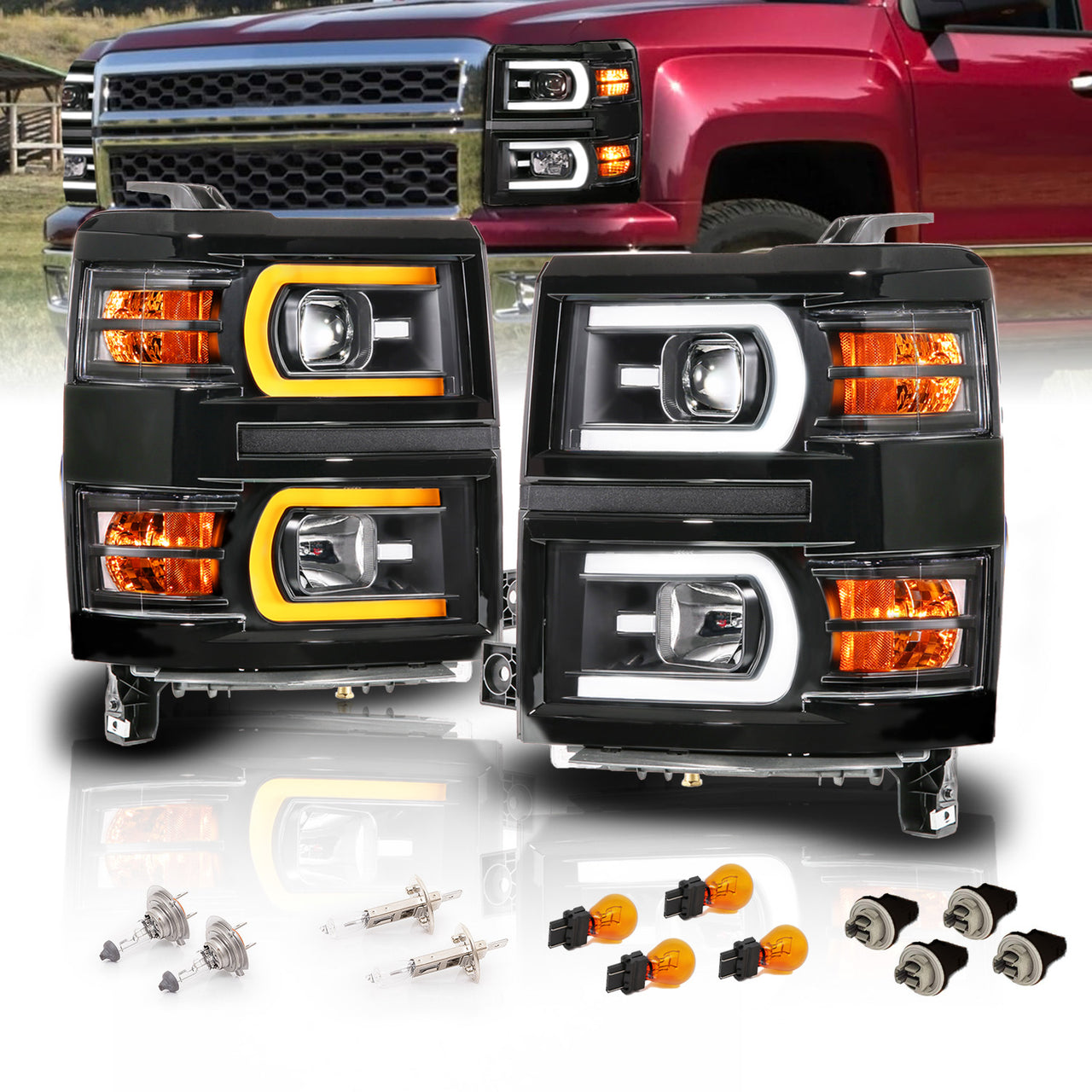 CHEVY SILVERADO 14-15 PROJECTOR HEADLIGHTS BLACK HOUSING CLEAR LENS SEQUENTIAL LIGHT BAR