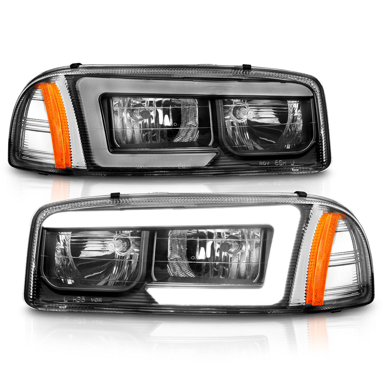 GMC SIERRA/SIERRA DENALI 99-07/SIERRA CLASSIC 2007/ YUKON/YUKON XL/YUKON DENALI 00-06 HEADLIGHTS  BLACK AMBER  (W/ C LIGHT BAR)
