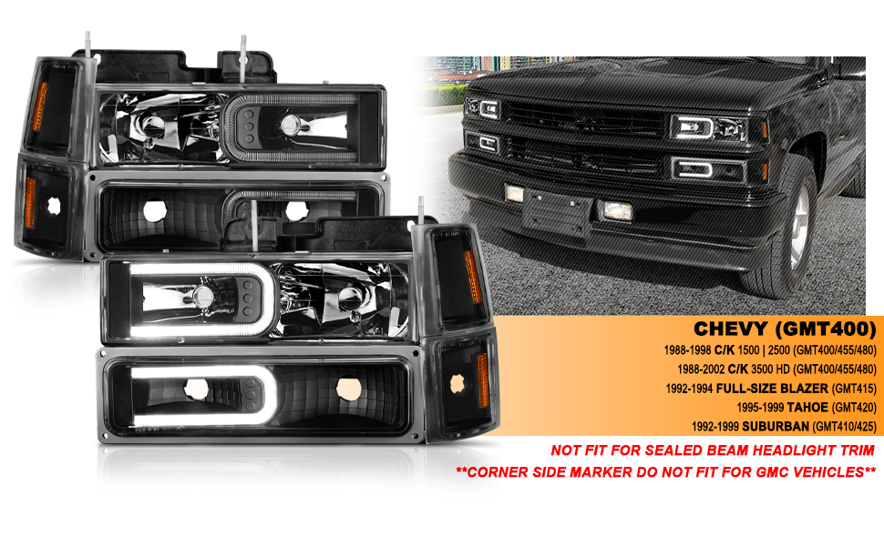 CHEVY CK / C10 /SILVERADO/ TAHOE / SUBURBAN/BLAZER 94-98 HEADLIGHTS  W/ SIGNAL & SIDE MARKERS (8PCS) SET BLACK HOUSING CLEAR LENS W/ C LIGHT BAR