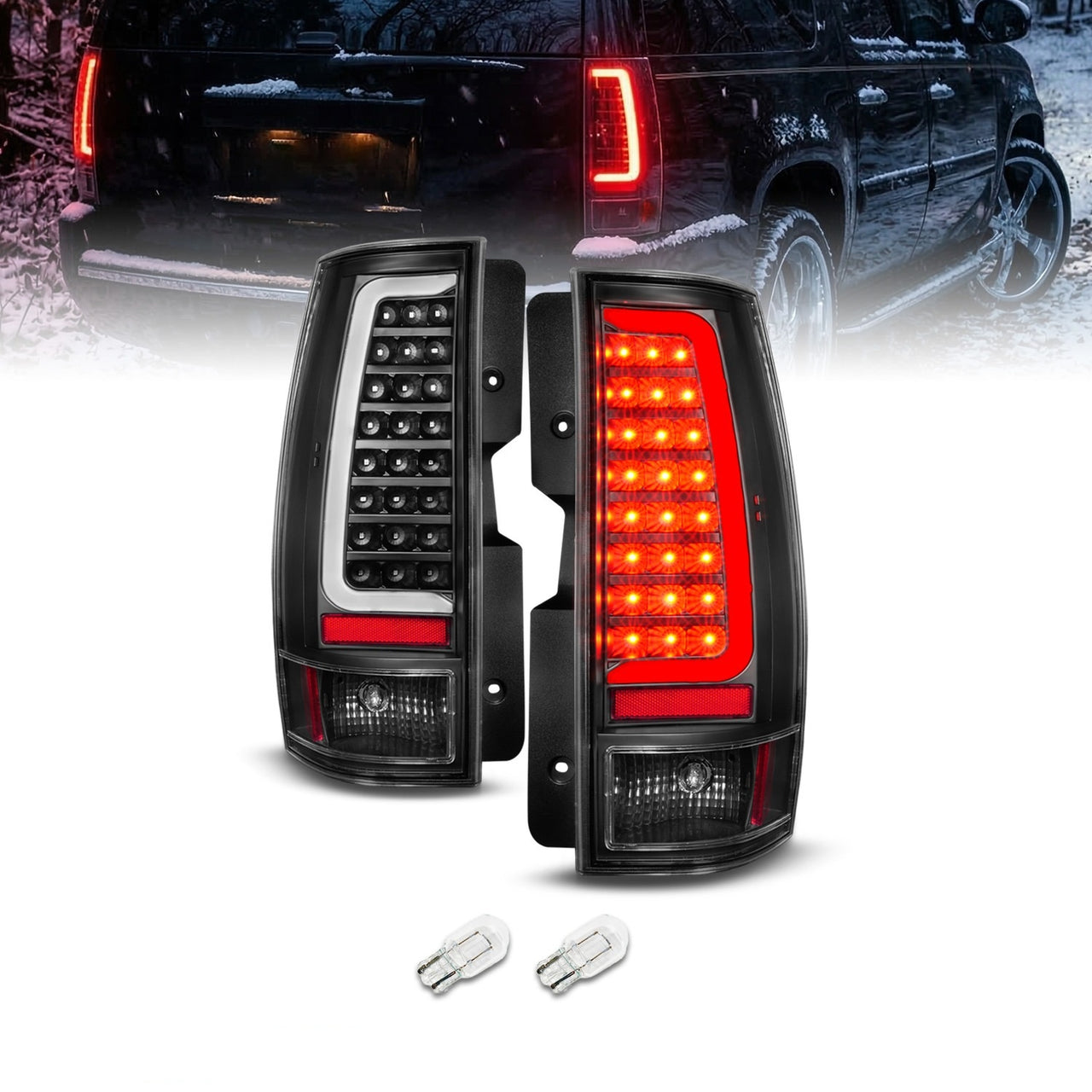 CHEVY TAHOE/SUBURBAN 07-14 LED TAIL LIGHTS BLACK HOUSING CLEAR LENS W/ C LIGHT BAR