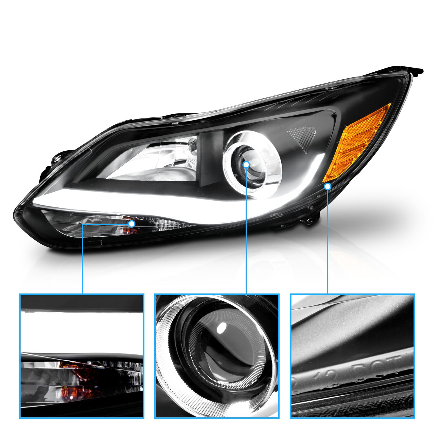 FORD FOCUS 12-13 PROJECTOR LIGHT BAR STYLE HEADLIGHTS BLACK CLEAR AMBER