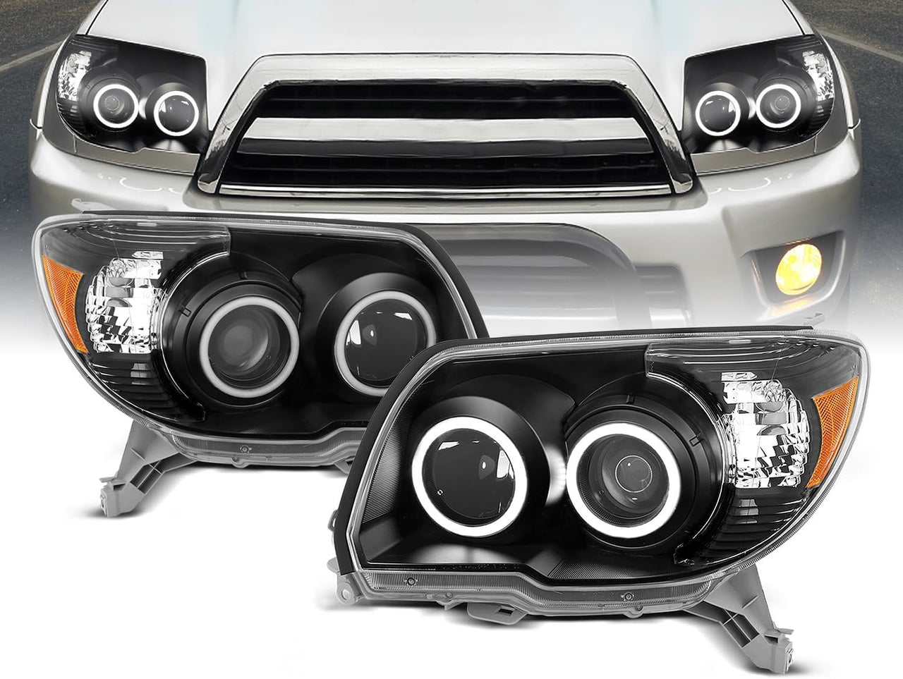 TOYOTA 4 RUNNER 06-09 PROJECTOR HEADLIGHTS BLACK CLEAR (RX HALO) AMBER