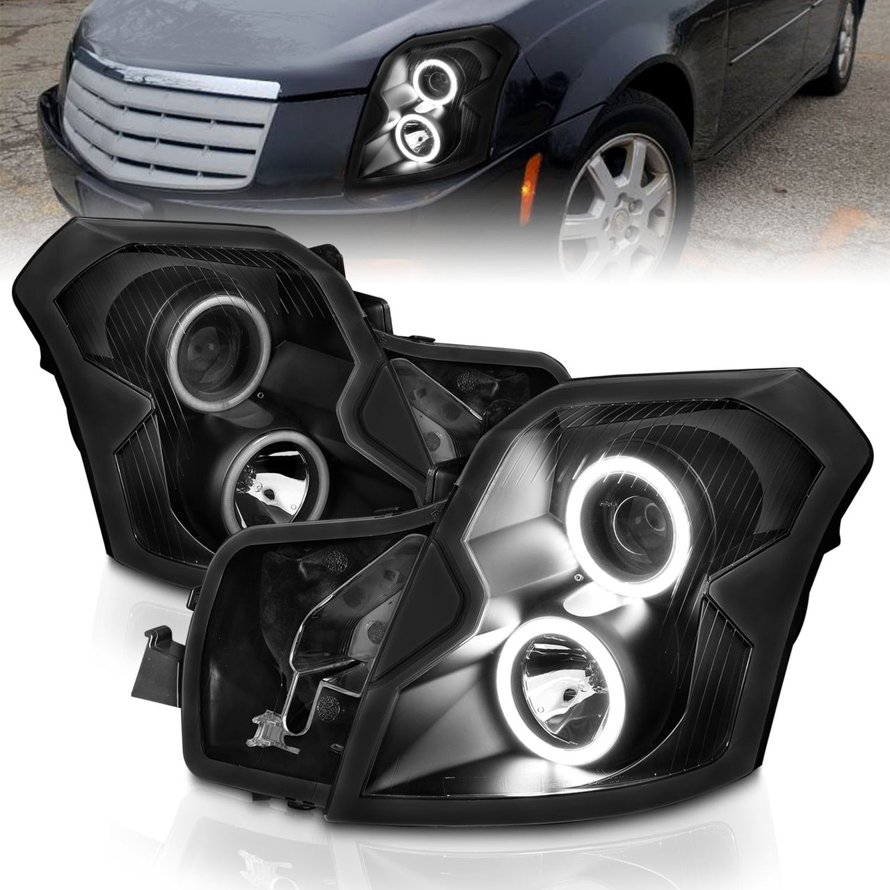 CADILLAC CTS 03-07 PROJECTOR HEADLIGHTS HALO BLACK CLEAR (RX HALO)