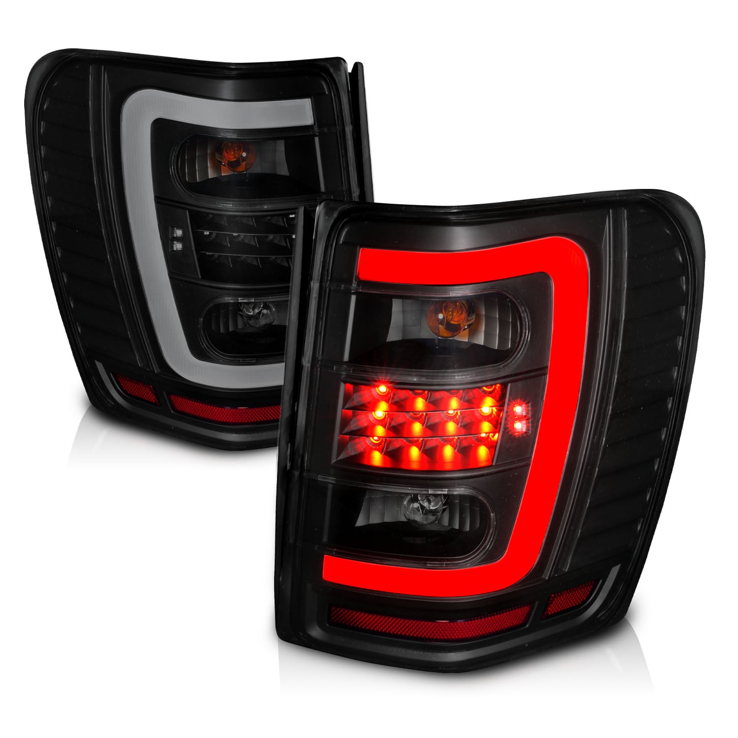 JEEP GRAND CHEROKEE 99-04 LED TAIL LIGHTS BLACK HOUSING SMOKE LENS W/ C LIGHT BAR