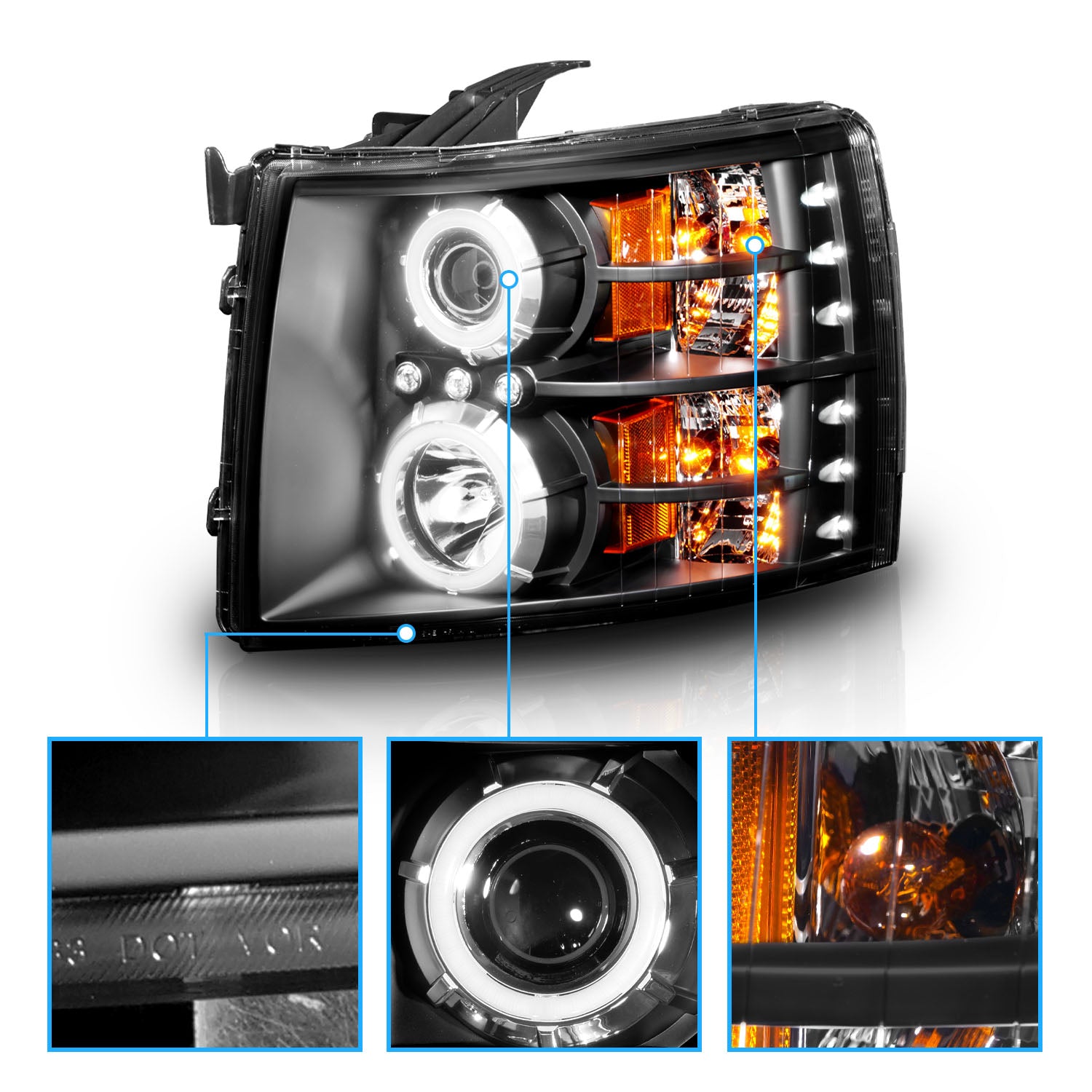 CHEVY SILVERADO 07-13 PROJECTOR HEADLIGHTS BLACK CLEAR (RX HALO)