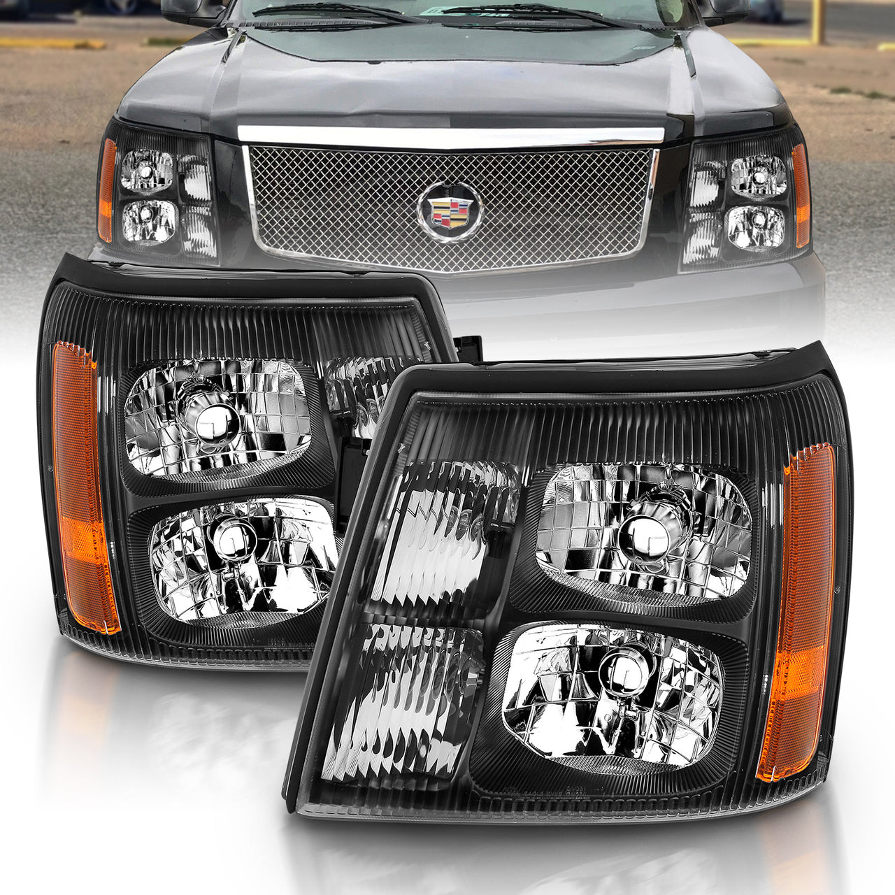 CADILLAC ESCALADE 03-06 HEADLIGHTS BLACK AMBER