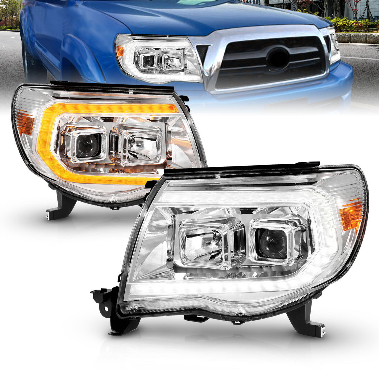 TOYOTA TACOMA 05-11 PROJECTOR SEQUENTIAL LIGHT BAR STYLE HEADLIGHTS CHROME AMBER  (W/ C LIGHT BAR)