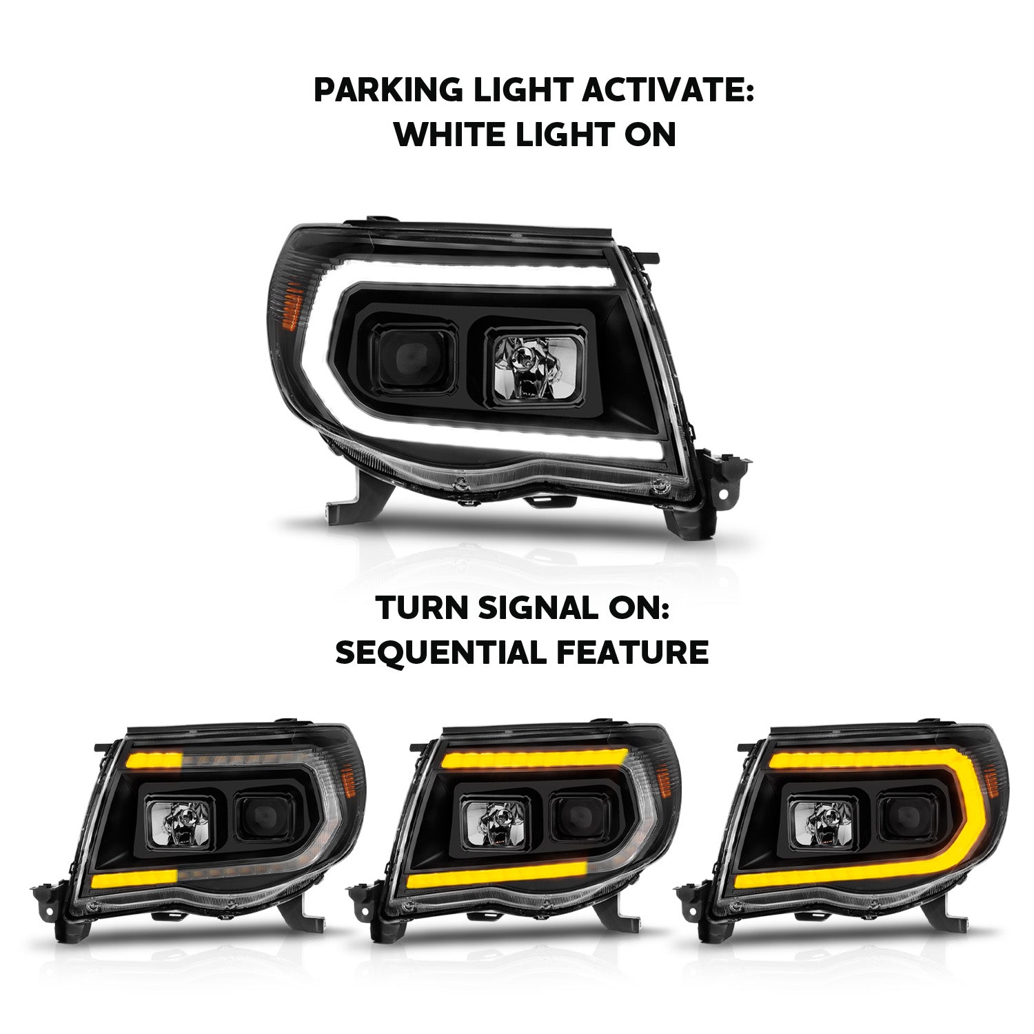 TOYOTA TACOMA 05-11 PROJECTOR SEQUENTIAL LIGHT BAR STYLE HEADLIGHTS BLACK AMBER  (W/ C LIGHT BAR)
