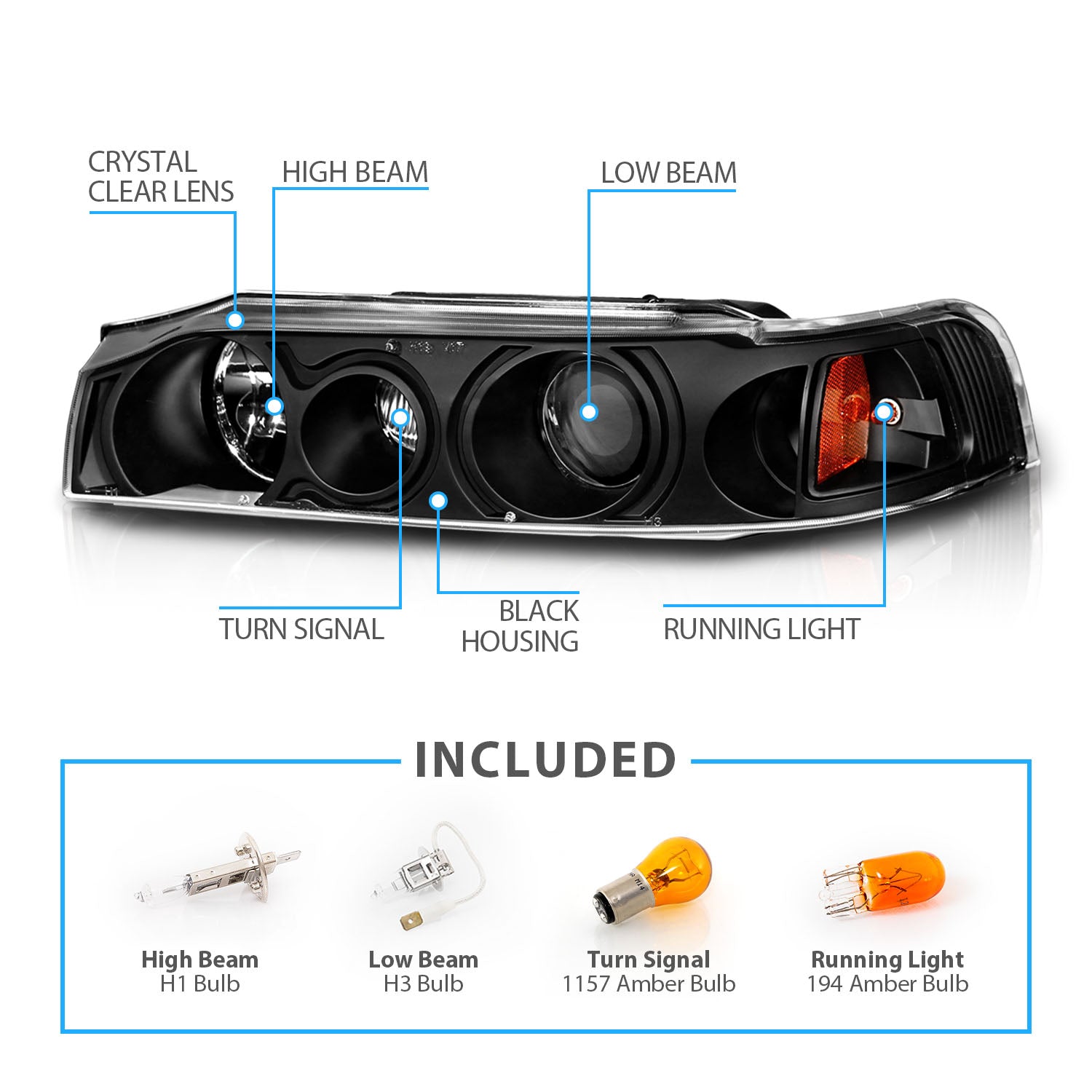HONDA ACCORD 90-93 PROJECTOR HEADLIGHTS BLACK CLEAR AMBER