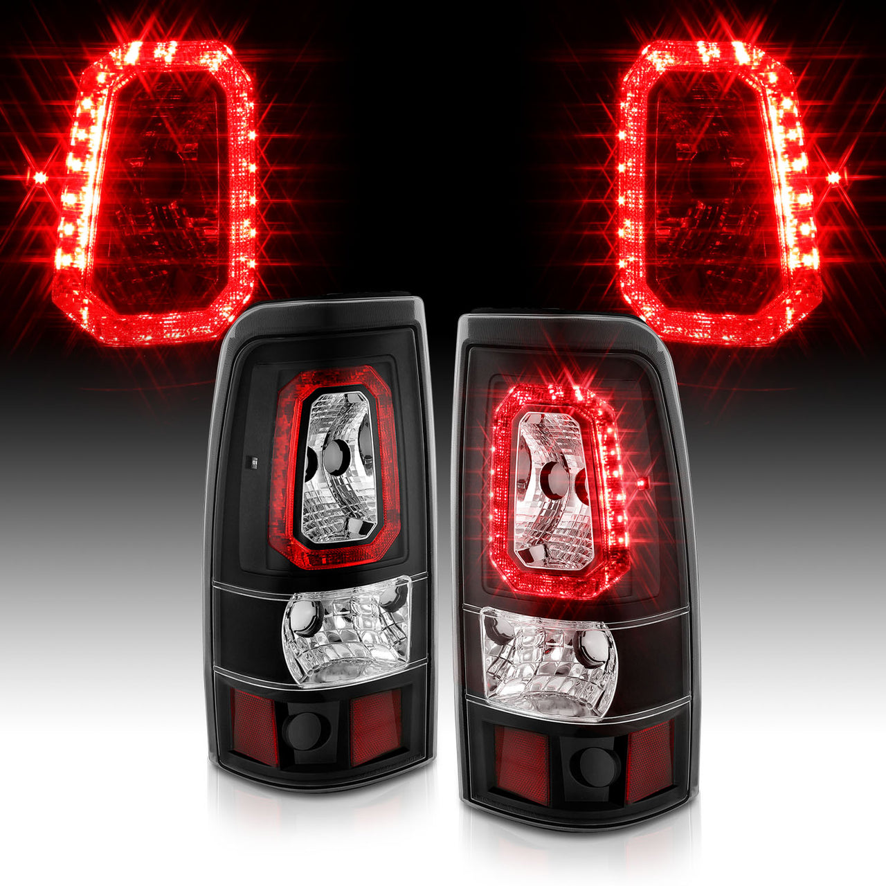 GMC SIERRA 99-07/CHEVY SILVERADO 99-03 (1500/2500 SERIES 99-02 & 3500 SERIES 2003) LED TAIL LIGHTS RED COLOR LIGHT BAR BLACK HOUSING CLEAR LENS (3 HOLE)