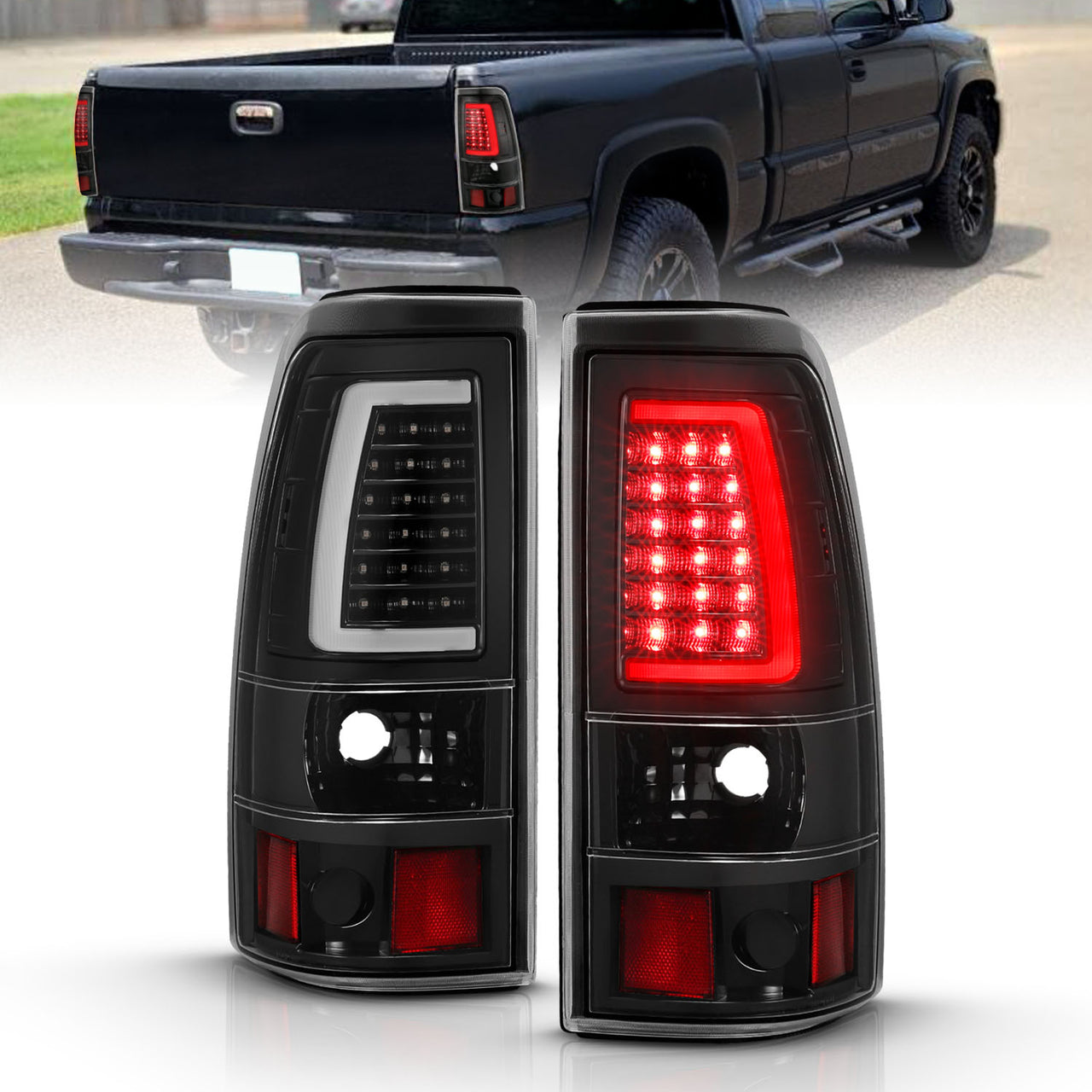 CHEVY SILVERADO 03-07 (1500/2500 SERIES 2003 & 1500/2500/3500 SRW SERIES LED TAIL LIGHTS BLACK HOUSING CLEAR LENS W/ C LIGHT BAR (3 HOLE)