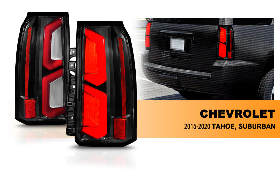 CHEVY TAHOE/SUBURBAN 15-20 LED TAIL LIGHTS BLACK HOUSING CLEAR LENS W/ C-LIGHT BAR