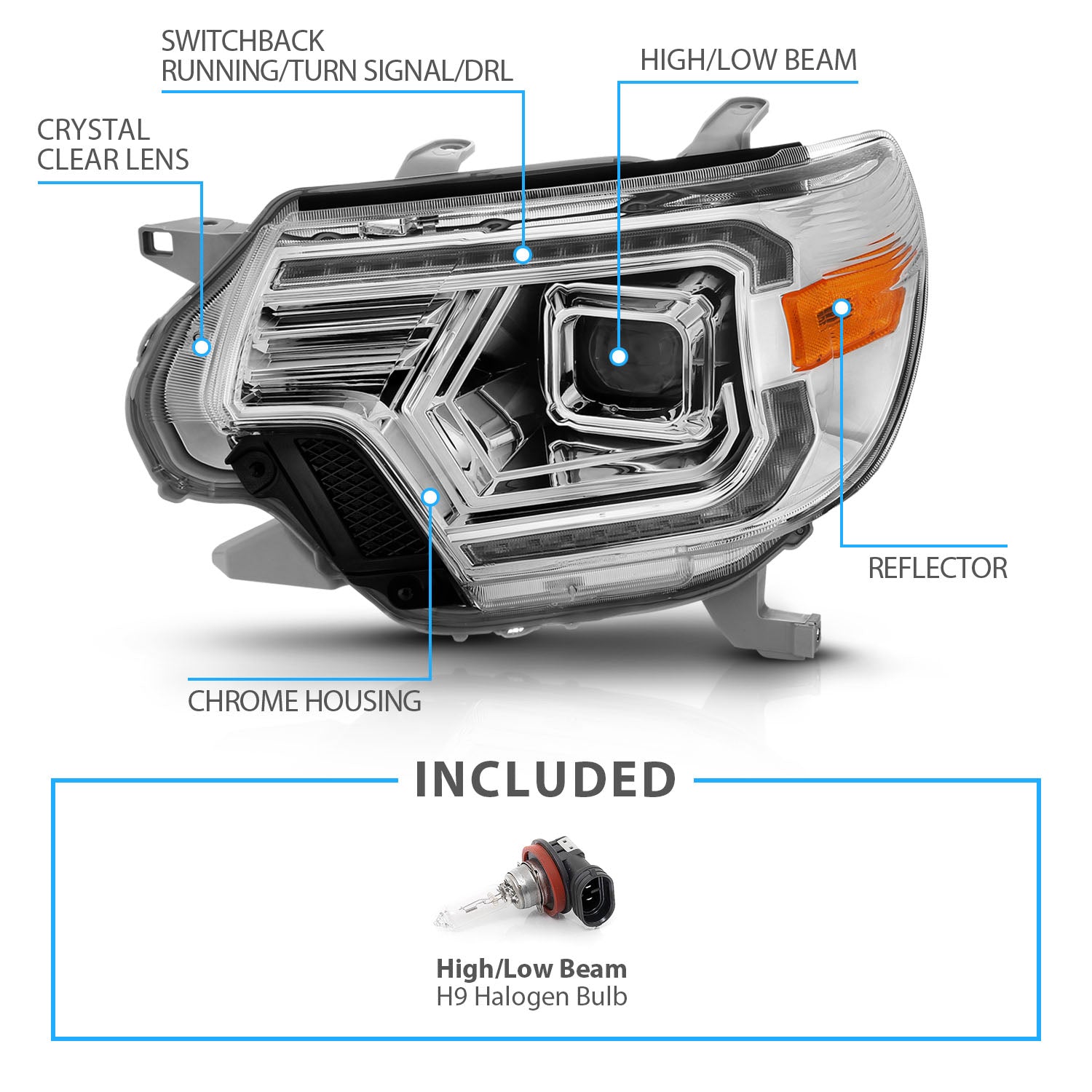TOYOTA TACOMA 12-15  PROJECTOR SWITCHBACK HEADLIGHTS CHROME AMBER (W/ C LIGHTS BAR)