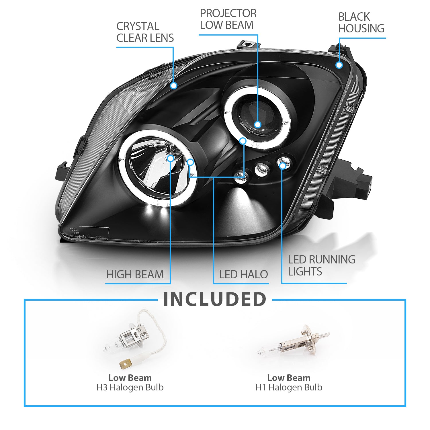 HONDA PRELUDE 97-01 PROJECTOR LED HEADLIGHTS HALO W/O CCFL BAR BLACK CLEAR
