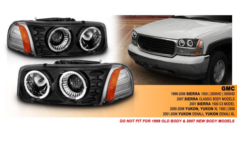 GMC SIERRA/SIERRA DENALI 99-07/SIERRA CLASSIC 2007/ YUKON/YUKON XL/YUKON DENALI 00-06 PROJECTOR HEADLIGHTS HALO BLACK CLEAR AMBER