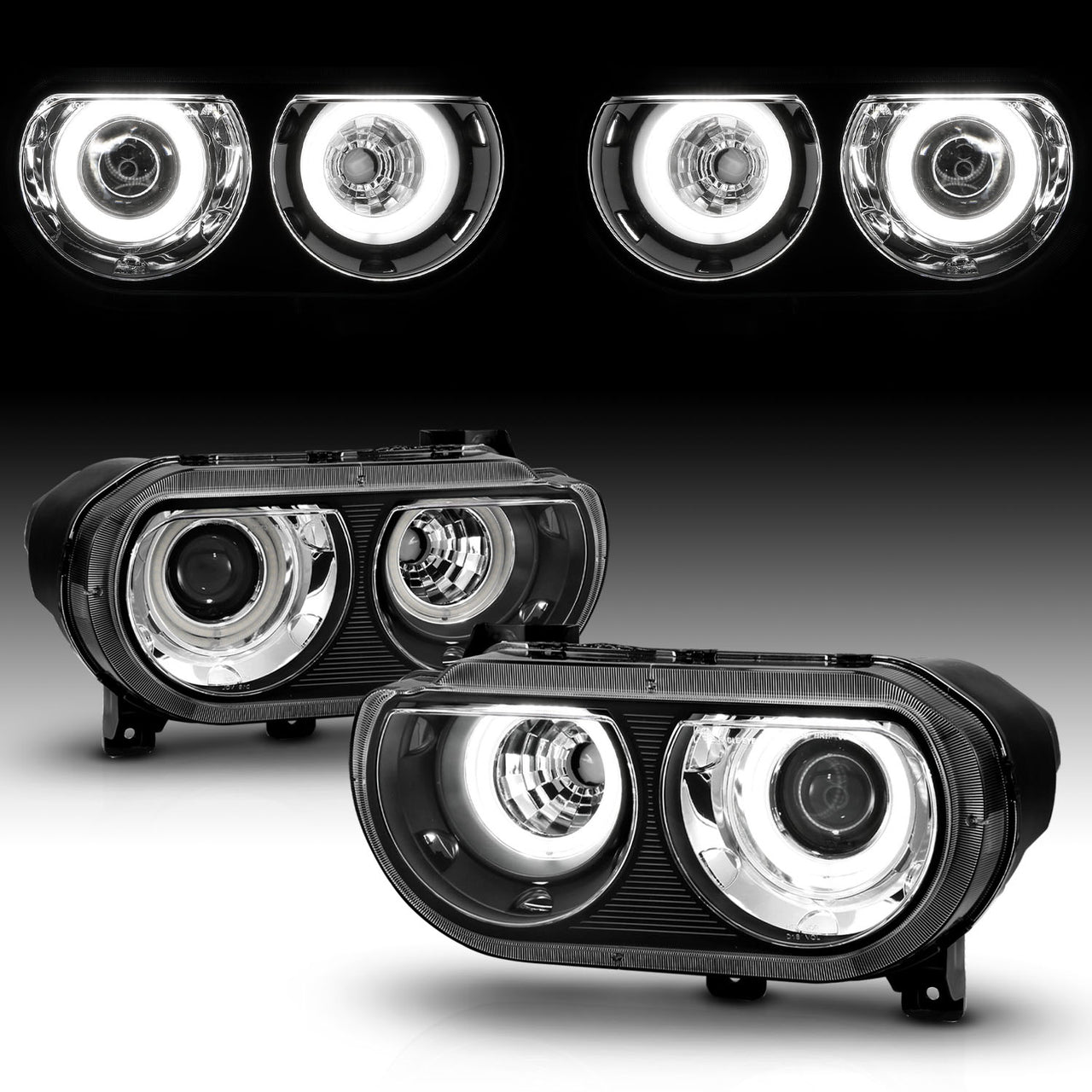 DODGE CHALLENGER 08-14 PROJECTOR HEADLIGHTS DUAL HALO BLACK CLEAR (RX HALO)