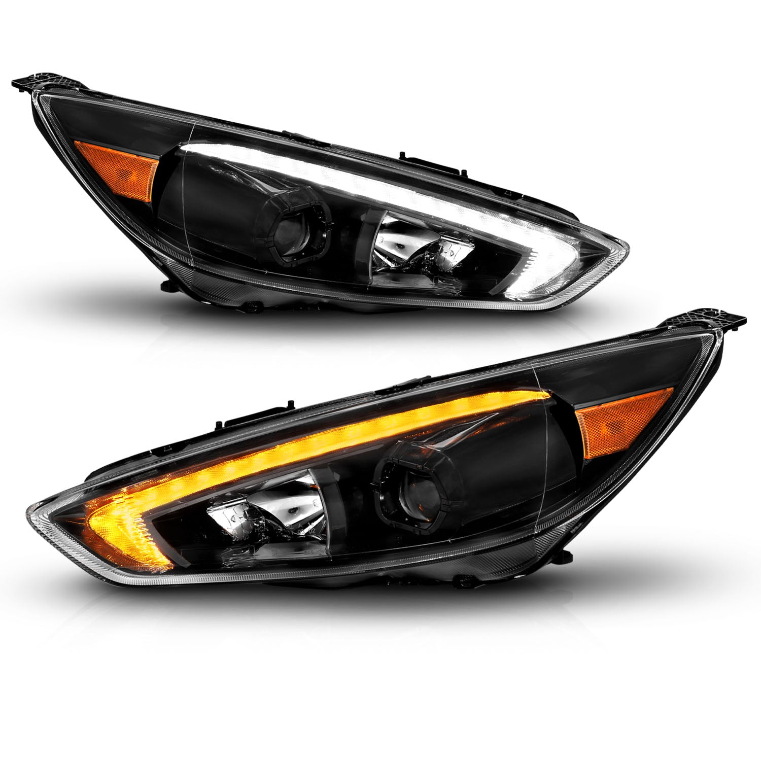 FORD FOCUS 15-18 PROJECTOR SWITCHBACK HEADLIGHTS BLACK AMBER W/DRL (FIT FOR HALOGEN VERSION)