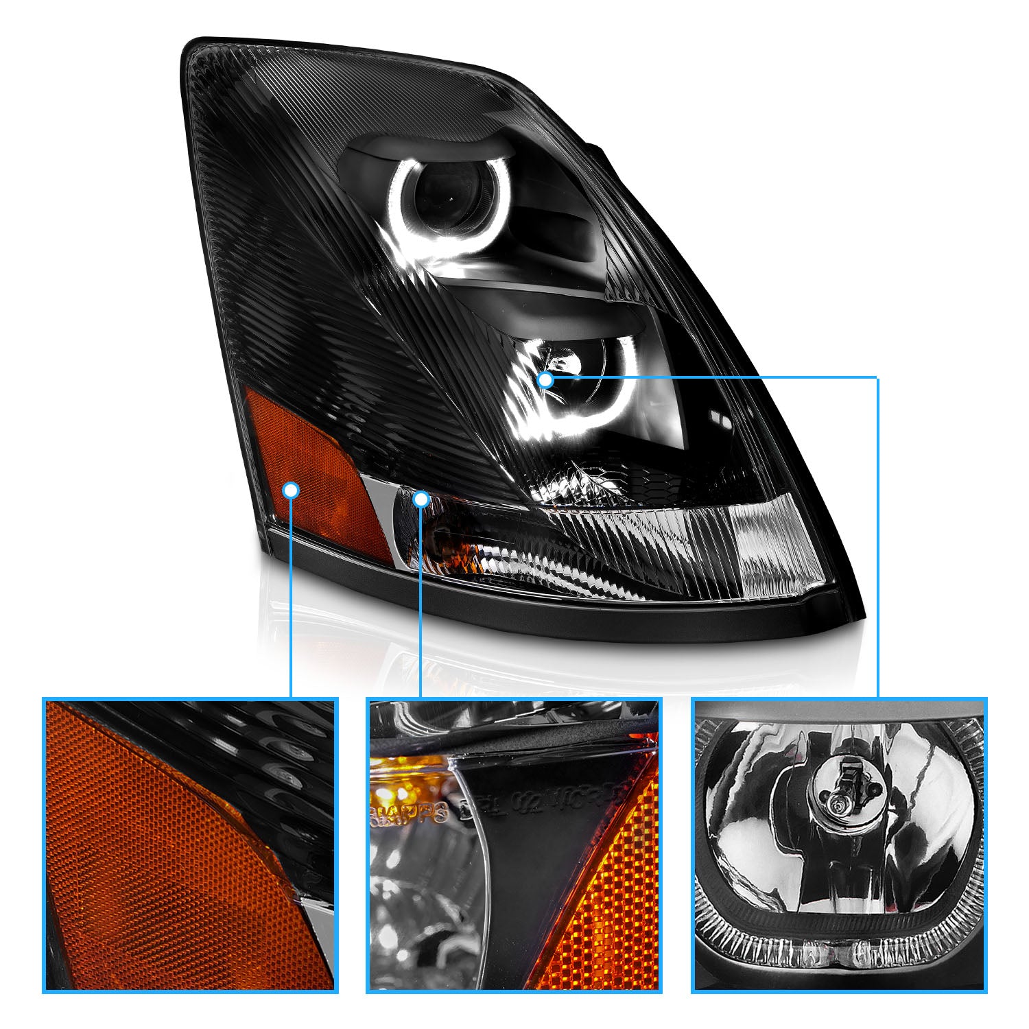 VOLVO VN/VNL SERIES 04-15 PROJECTOR U BAR STYLE H.L BLACK AMBER REFLECTOR (RIGHT)