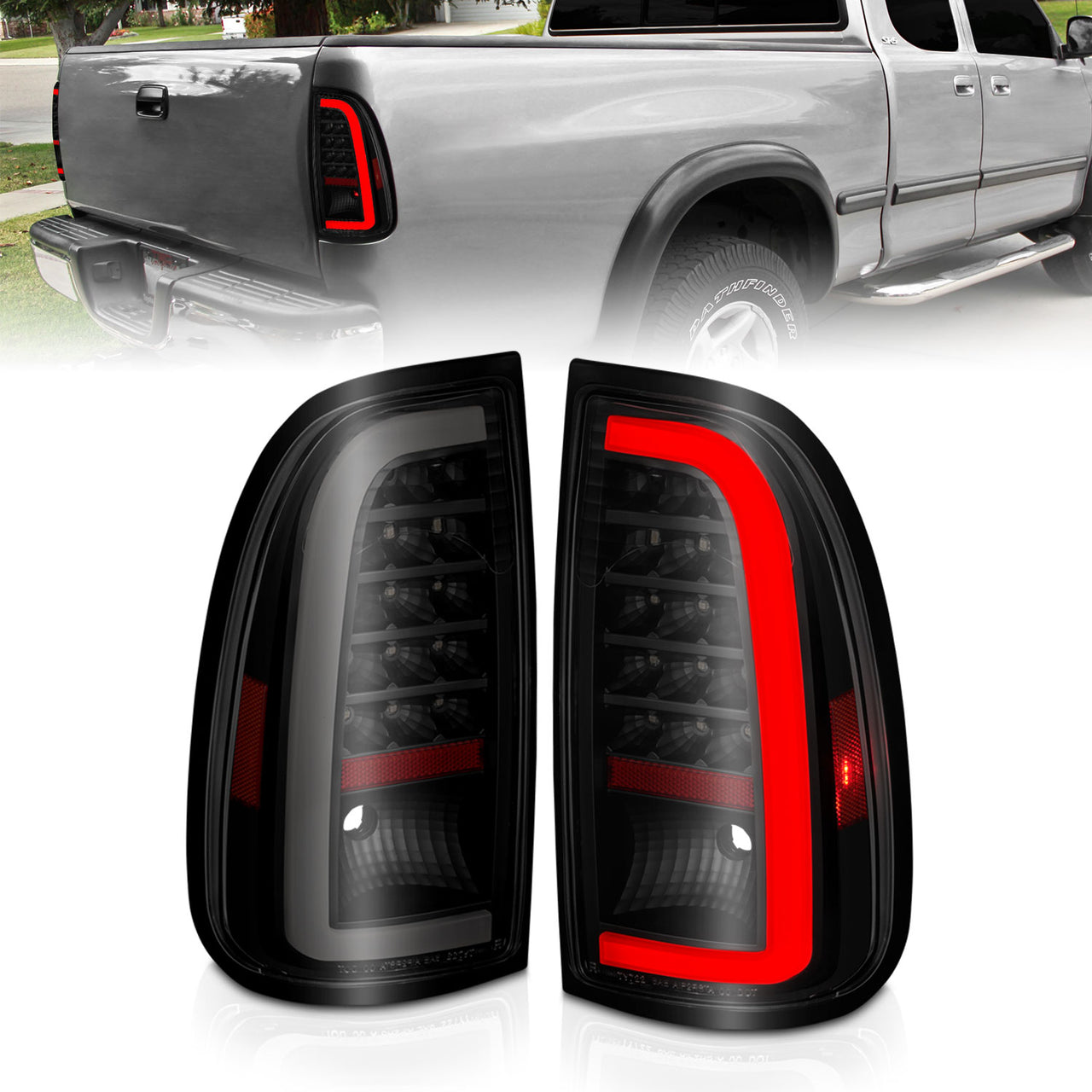 TOYOTA TUNDRA 00-06 LED TAIL LIGHTS BLACK HOUSING SMOKE LENS W/ C LIGHT BAR (STD BED REGULAR CAB, ACCESS CAB)