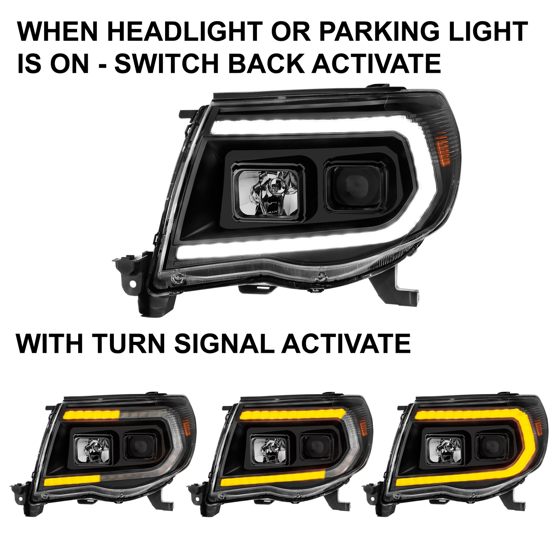 TOYOTA TACOMA 05-11 PROJECTOR SEQUENTIAL LIGHT BAR STYLE HEADLIGHTS BLACK AMBER  (W/ C LIGHT BAR)