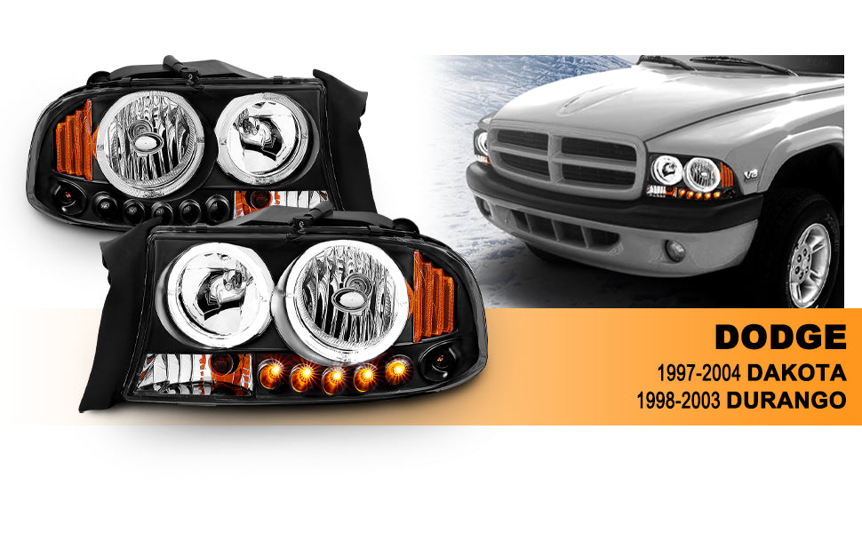 DODGE DAKOTA/DURANGO 97-04/98-03 1PC HEADLIGHTS HALO BLACK W/ AMBER
