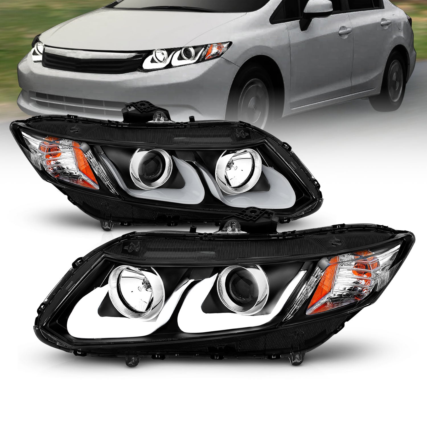 HONDA CIVIC 12-13 2/4DR PROJECTOR U-BAR STYLE HEADLIGHTS BLACK CLEAR AMBER