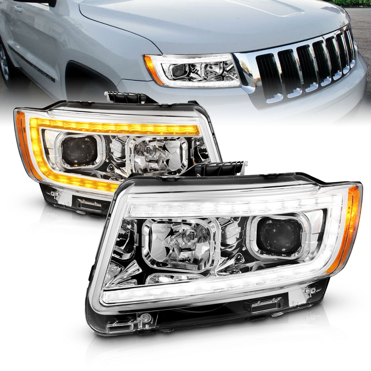 JEEP GRAND CHEROKEE 11-13 PROJECTOR SWITCHBACK HEADLIGHTS CHROME AMBER (W/ C LIGHT BAR)