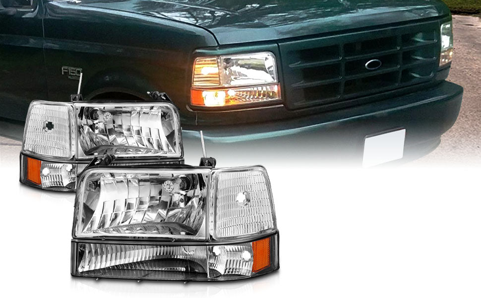 FORD F-150/BRONCO 92-96 HEADLIGHTS CHROME HOUSING 6PCS SET W/ CORNER, SIGNAL LIGHTS AMBER