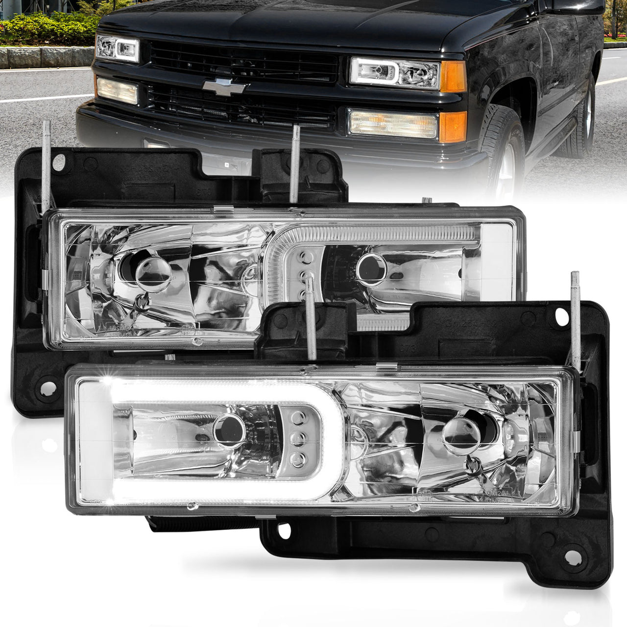 CHEVY/GMC C/K 1500/2500/3500 88-99, SUBURBAN/YUKON 92-00, TAHOE 94-00, BLAZER 92-94 HEADLIGHTS CHROME HOUSING W/ C LIGHTS BAR