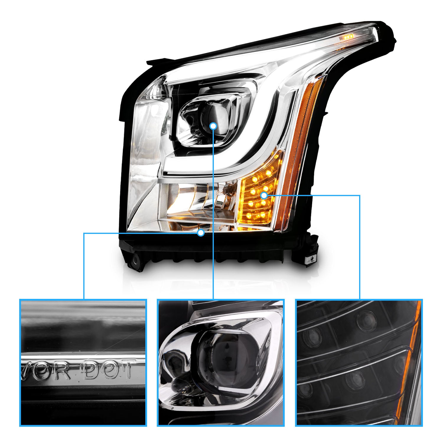 GMC YUKON/YUKON XL 15-19 PROJECTOR LIGHT BAR STYLE HEADLIGHTS CHROME CLEAR AMBER