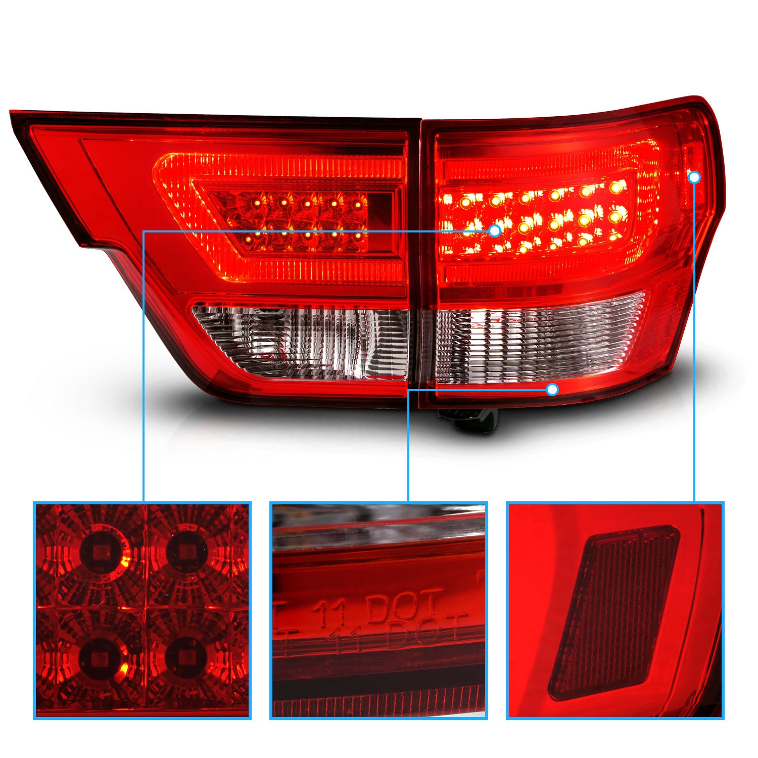 JEEP GRAND CHEROKEE 11-13 LED TAIL LIGHTS 4PCS RED/CLEAR W/ C LIGHT BAR