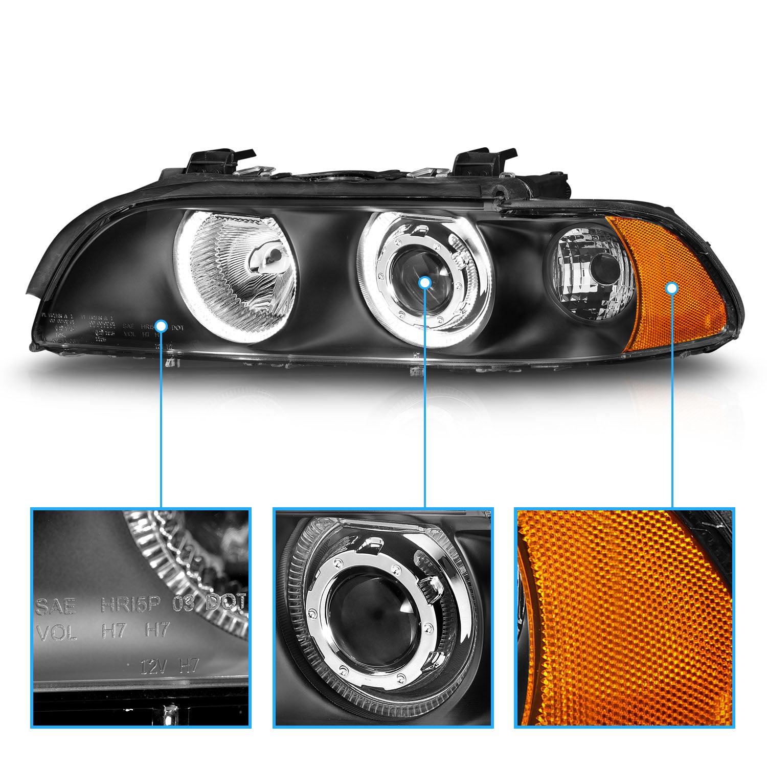 BMW 5 SERIES E39 95-01 PROJECTOR HEADLIGHTS HALO BLACK CLEAR AMBER
