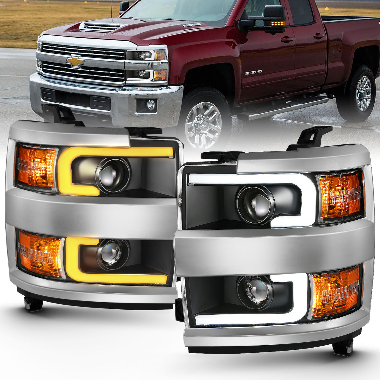 CHEVY SILVERADO 2500HD/3500HD 15-17 PROJECTOR LIGHT BAR STYLE SWITCHBACK HEADLIGHTS BLACK AMBER (CHROME RIM)