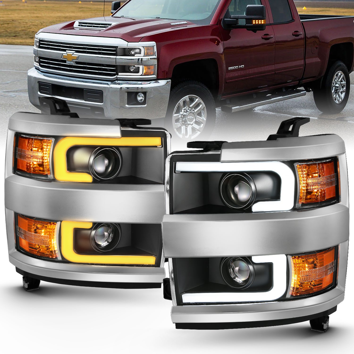 CHEVY SILVERADO 2500HD/3500HD 15-17 PROJECTOR LIGHT BAR STYLE SWITCHBACK HEADLIGHTS BLACK AMBER (CHROME RIM)