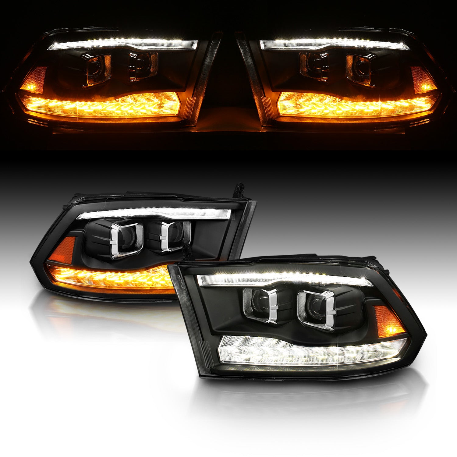 DODGE RAM R1500 09-20/10-20 R2500/R3500 (CODE LMA) (W/O QUAD LAMP) DG RAM SPORT 13-20 PROJECTOR SWITCHBACK HEADLIGHTS BLACK AMBER