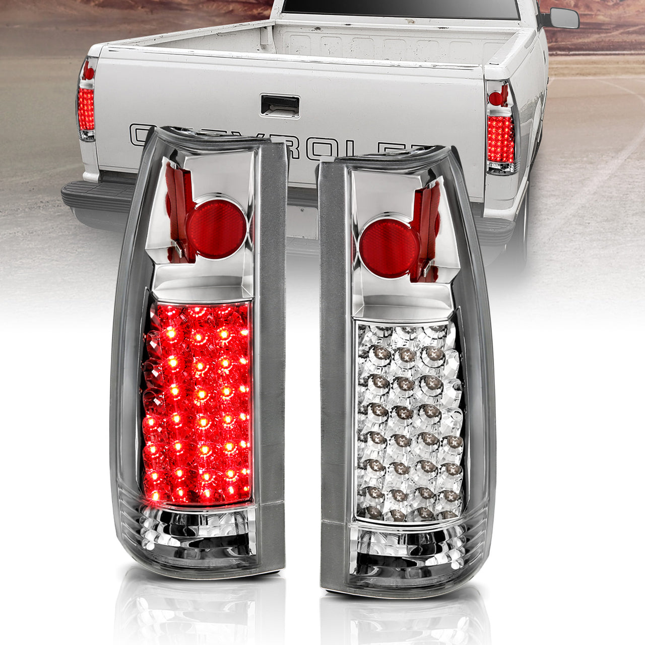 Chevy/GMC C/K 1500/2500/3500 88-99, SUBURBAN/YUKON 92-00, TAHOE 94-00, BLAZER 92-94, CADILLAC ESCALADE 99-00 LED TAIL LIGHTS CHROME HOUSING CLEAR LENS G2