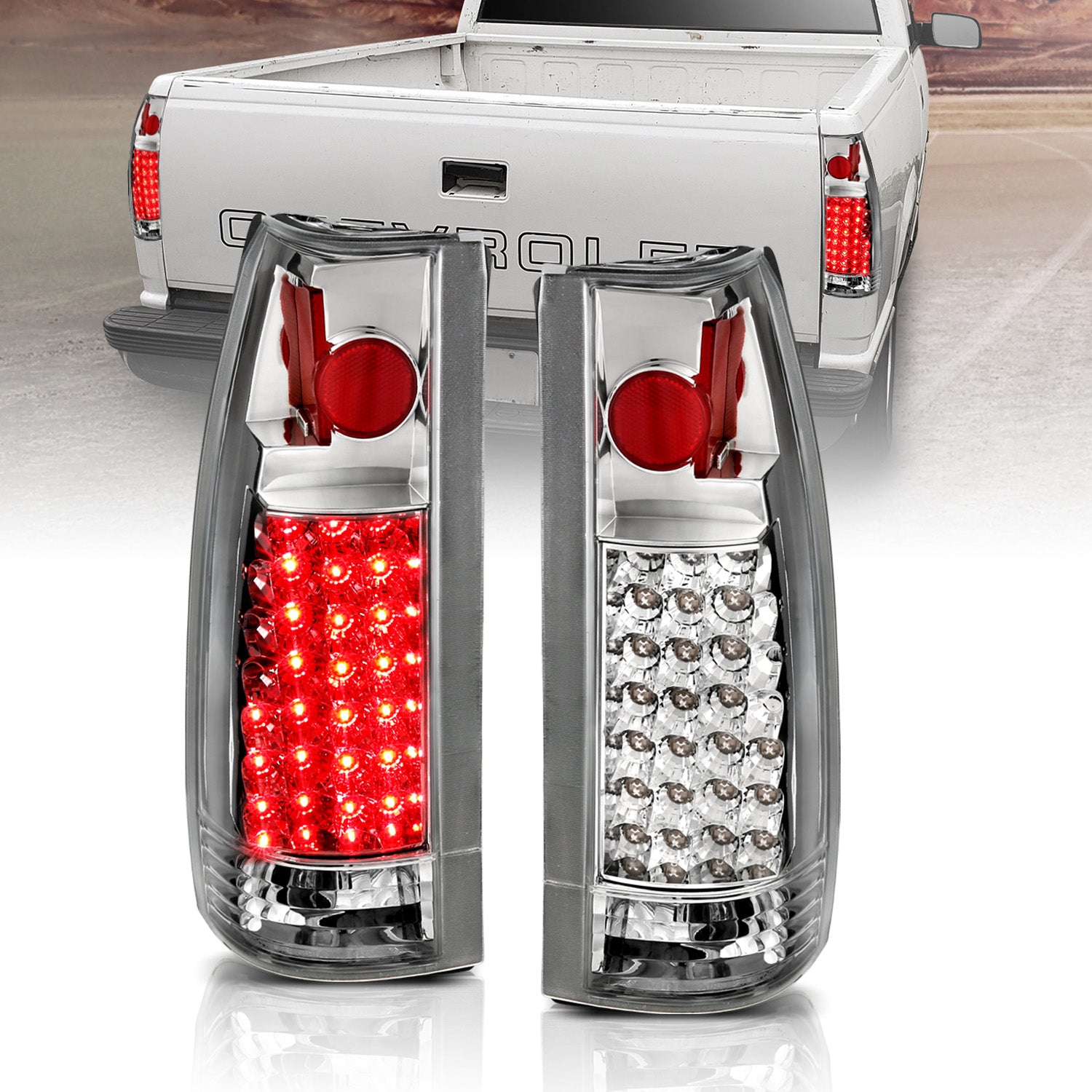 Chevy/GMC C/K 1500/2500/3500 88-99, SUBURBAN/YUKON 92-00, TAHOE 94-00, BLAZER 92-94, CADILLAC ESCALADE 99-00 LED TAIL LIGHTS CHROME HOUSING CLEAR LENS G2