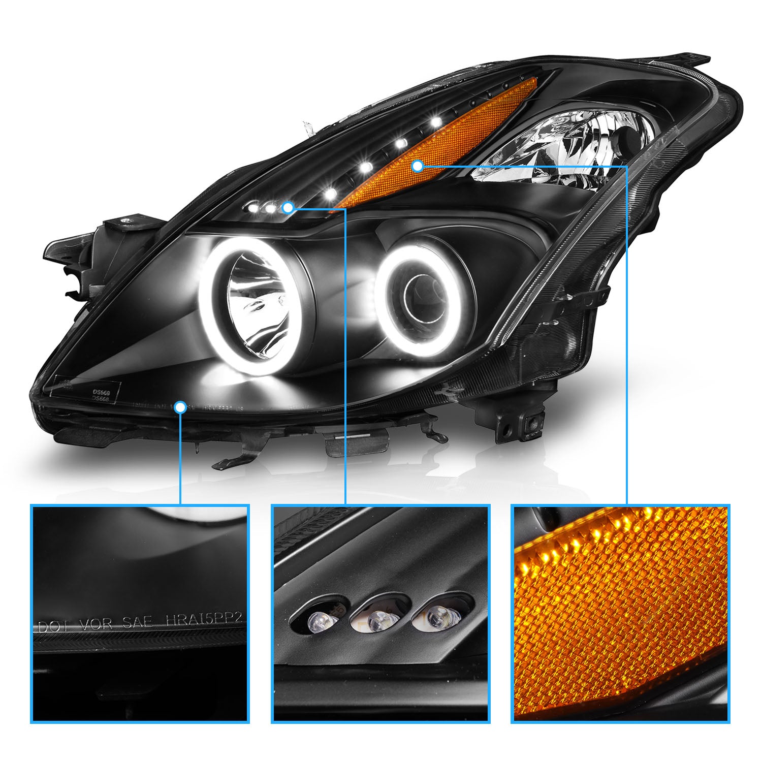 NISSAN ALTIMA 08-09 PROJECTOR 2D HEADLIGHTS BLACK CLEAR AMBER (RX HALO)