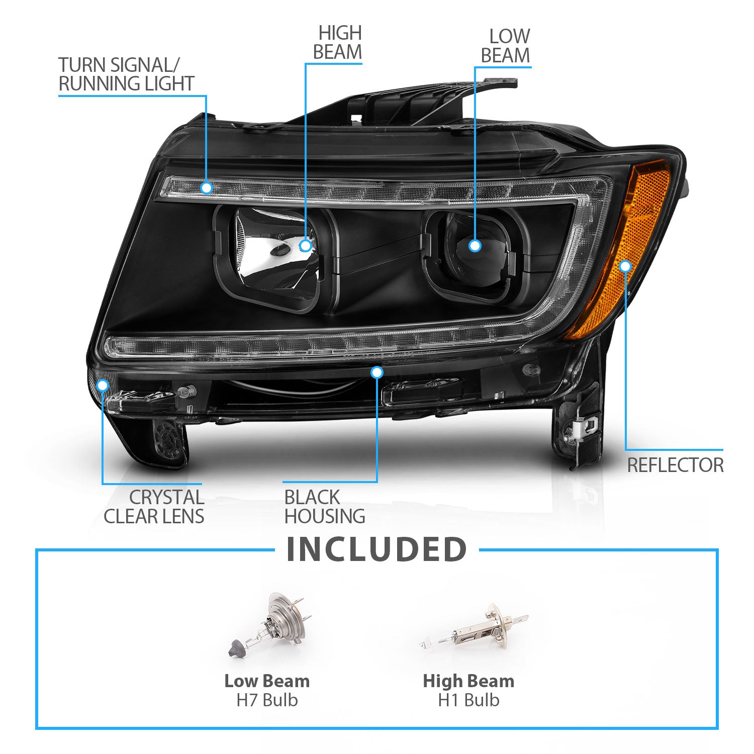 JEEP GRAND CHEROKEE 11-13 PROJECTOR SWITCHBACK HEADLIGHTS BLACK AMBER (W/ C LIGHT BAR)