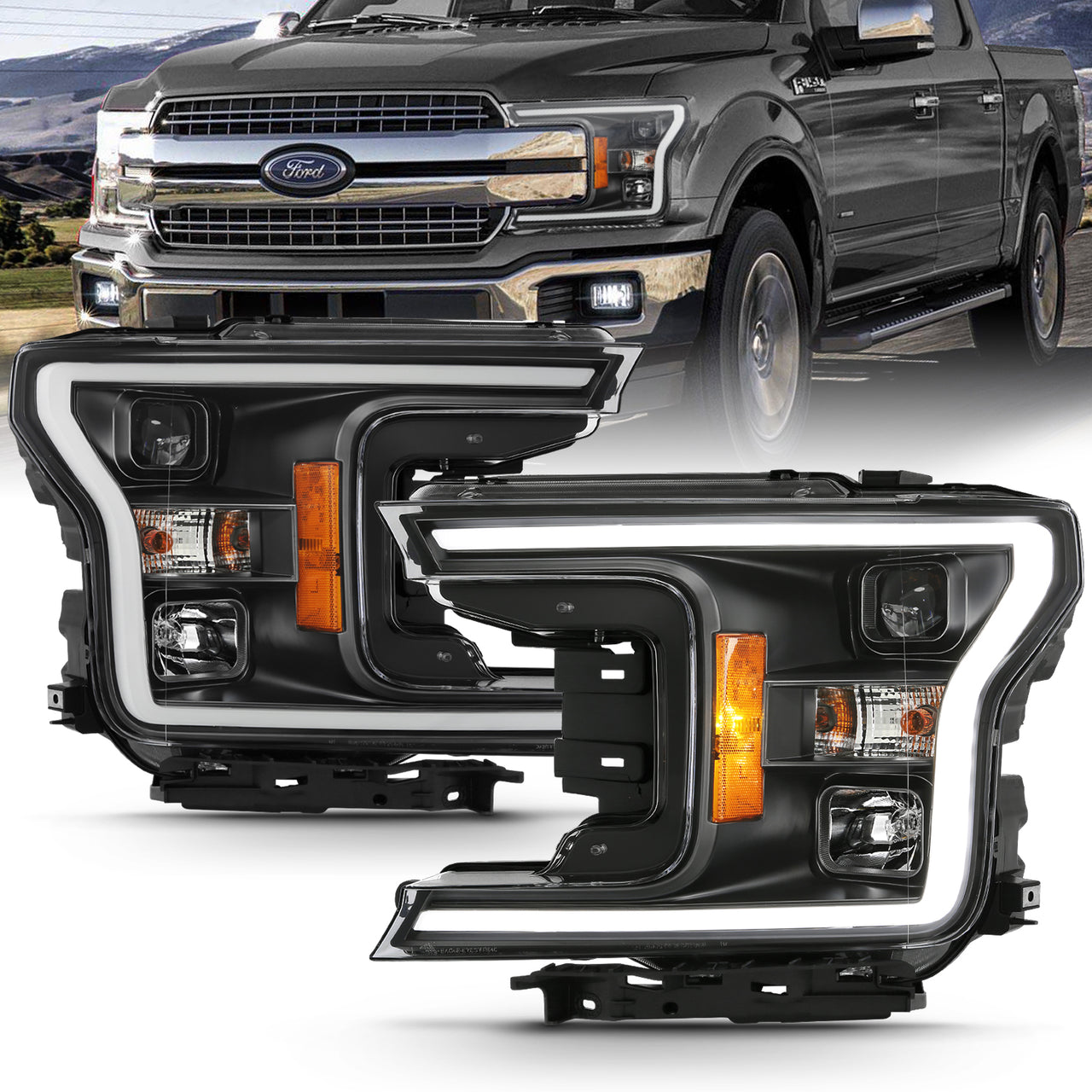 FORD F-150 18-20 PROJECTOR LIGHT BAR STYLE HEADLIGHTS BLACK AMBER